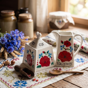 zestaw: cukierniczka i mlecznik z malowanym wzorem kociewskim